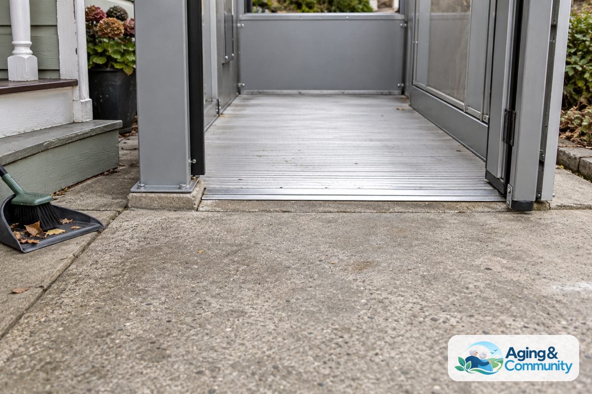 How to Use Wheelchair Lift Systems Safely at Home 5 A clear concrete landing meets the entry threshold of an outdoor platform lift, with a brush and collected leaves set off to one side.