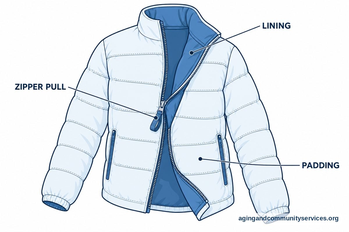 Elderly Fall Vest Guide for Everyday Safety 5 A vector drawing of an open jacket has three callouts pointing to its zipper pull, inner lining, and stitched padding.