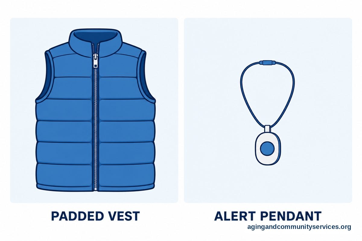 Elderly Fall Vest Guide for Everyday Safety 3 Two vector panels show a sleeveless quilted vest and a wearable pendant with a large round button.