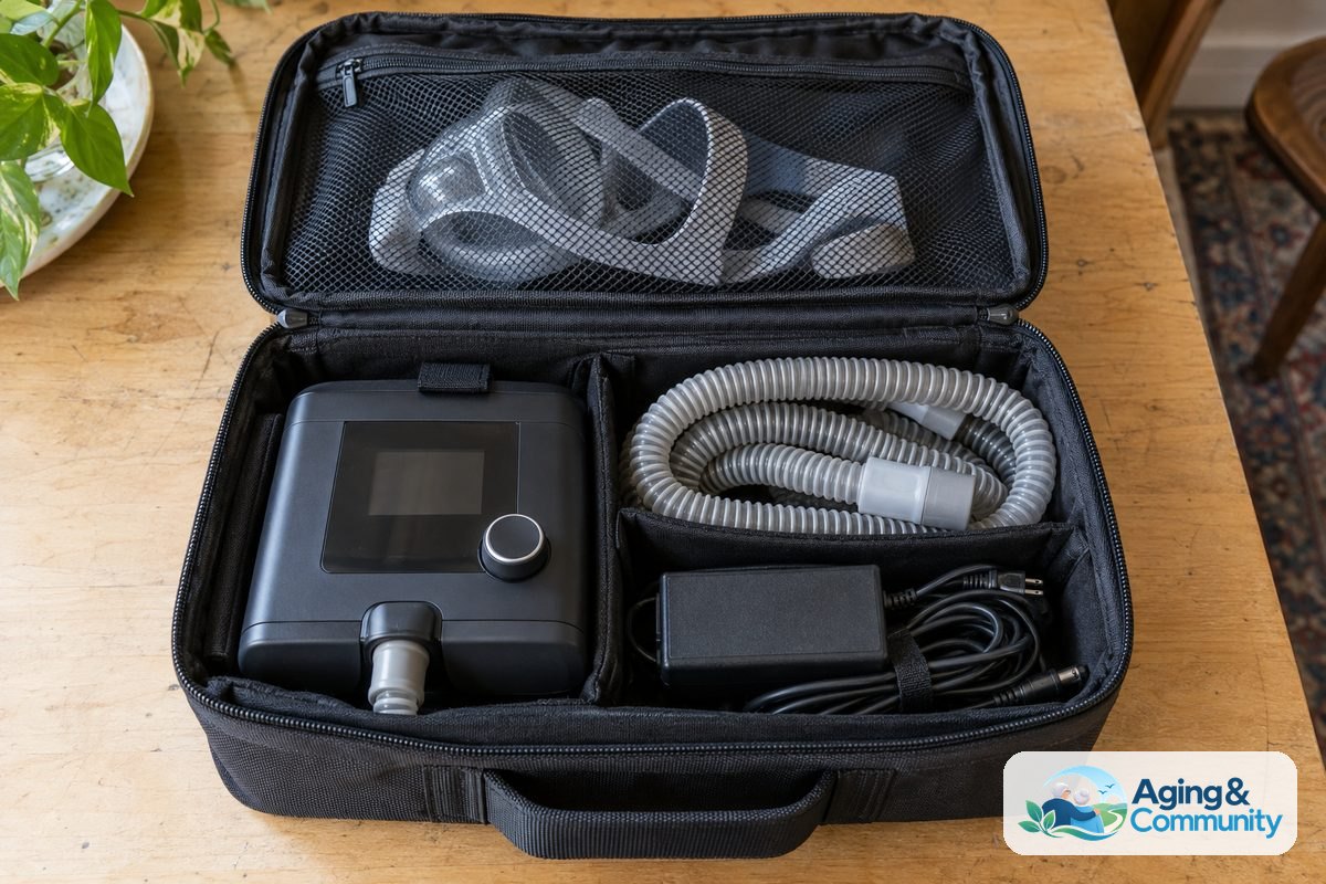 How to Choose CPAP or BiPAP for Better Sleep 5 An open padded carrying case holds a compact PAP machine, a coiled hose, a mask, and a power adapter in separate compartments.