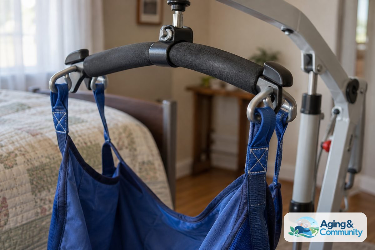 An empty fabric sling hangs from the attachment hooks on a patient lift spreader bar beside a bed.