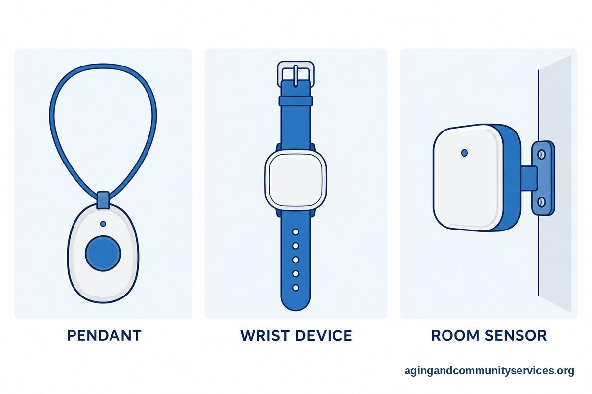 Elderly Fall Sensor Guide for Safer Daily Living 2 Three vector panels show a pendant with a neck cord, a wrist device with a strap, and a room sensor mounted on a wall.