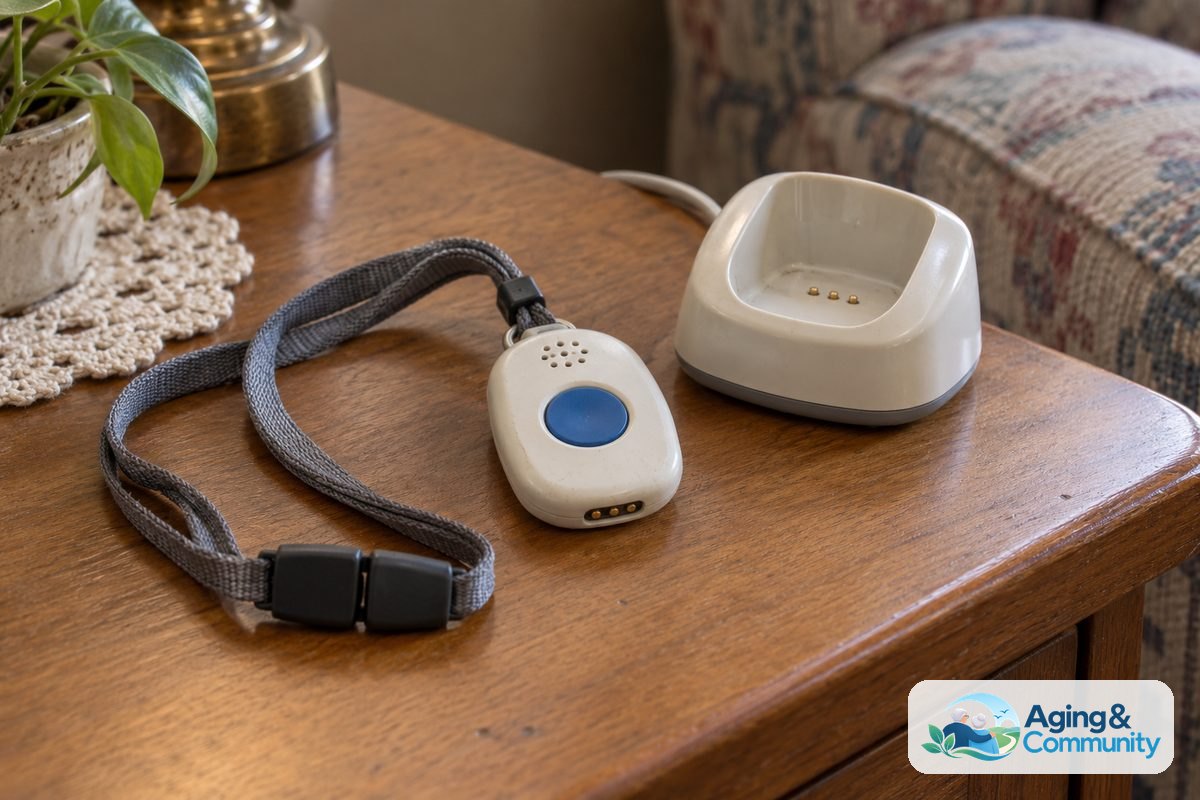 A personal alert pendant with a large central button rests beside its charging cradle on a wooden side table.