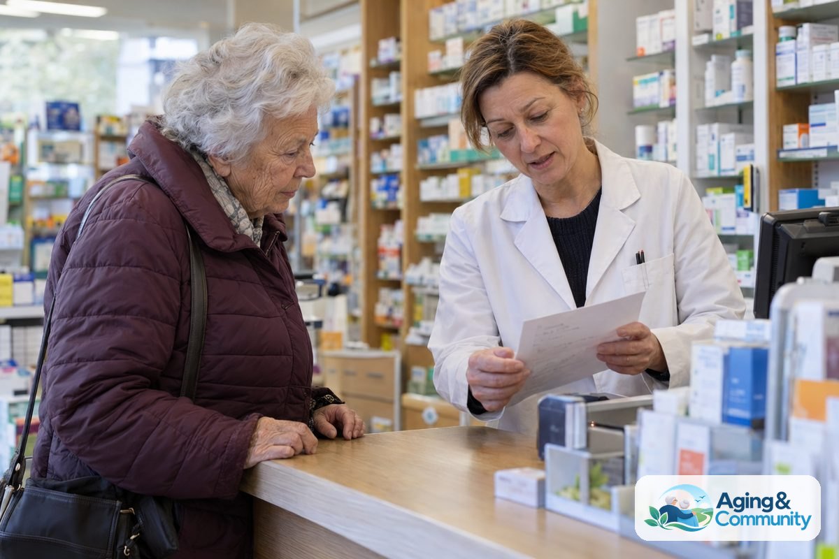 AI for Seniors to Manage Prescriptions Safely at Home 5 A woman in her mid-70s standing at an American pharmacy counter while a pharmacist reviews a printed sheet of medications.