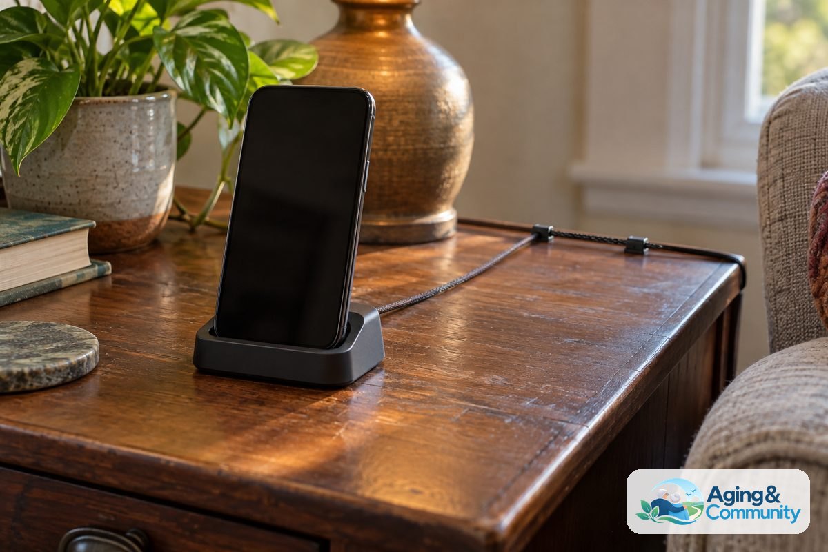 AI for Seniors With Memory Loss: A Practical Guide 6 A smartphone rests in a charging dock on a wooden side table with its cable secured along the back edge.