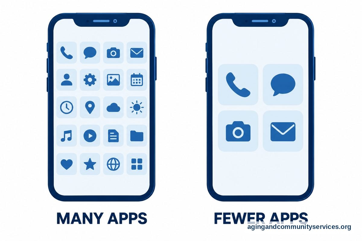 Two views of the same phone show a crowded home screen beside a simplified screen with four large app icons.
