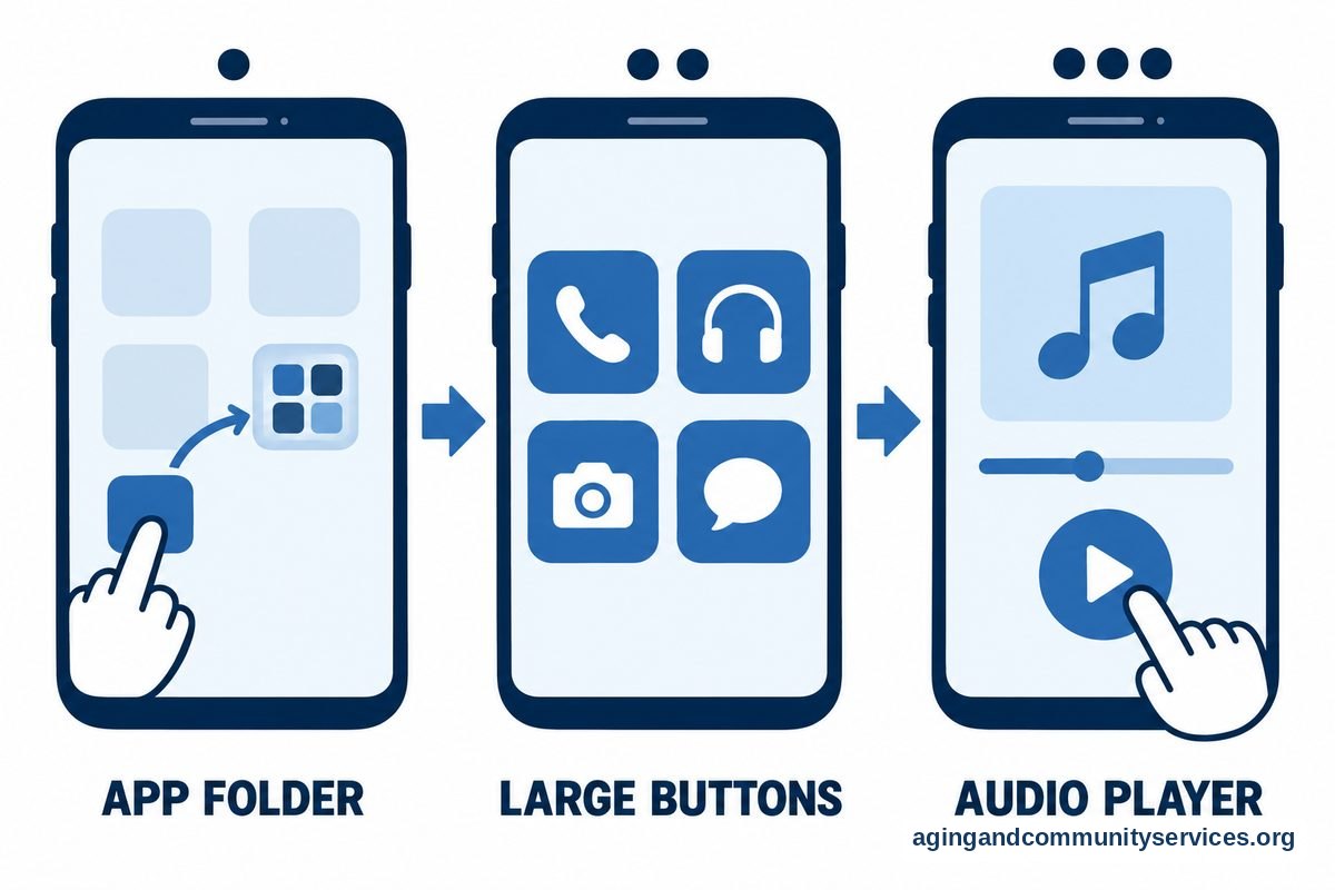 Three phone screens show an icon being moved into a folder, larger home screen buttons, and an audio player being opened with a fingertip.
