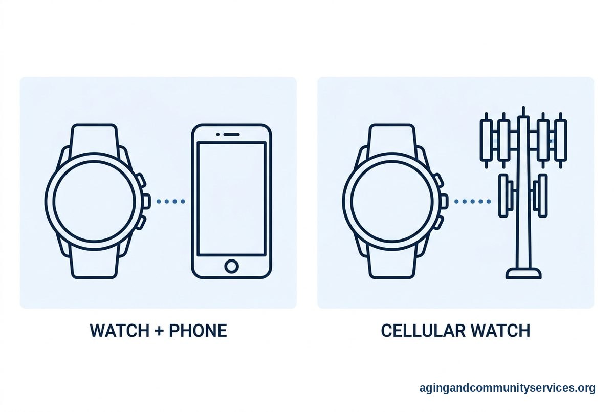 Two diagram panels show a watch beside a smartphone and a second watch beside a cellular tower with no smartphone present.