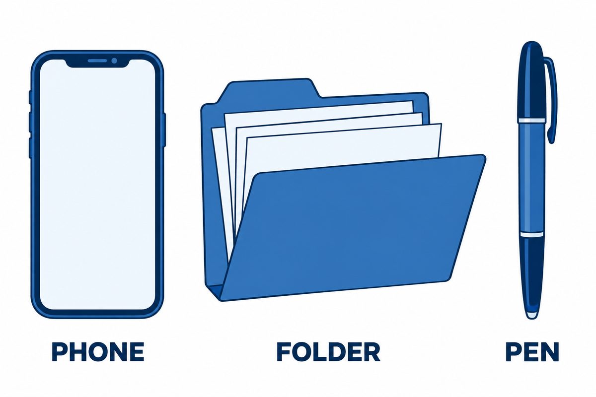 A flat vector illustration shows a smartphone, an open folder containing papers, and a pen arranged from left to right.
