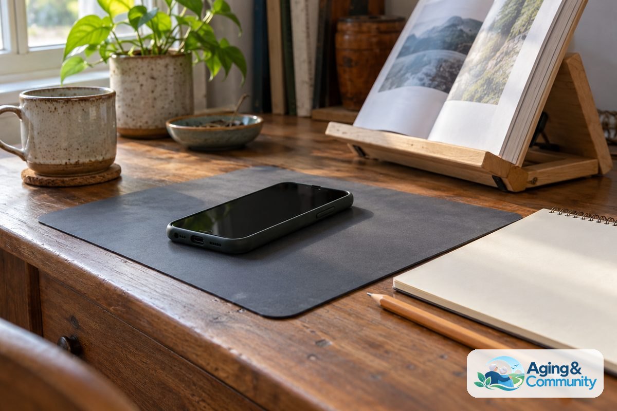 A smartphone, an open guide on a wooden book stand, and a blank notepad with a pencil sit together on a desk.