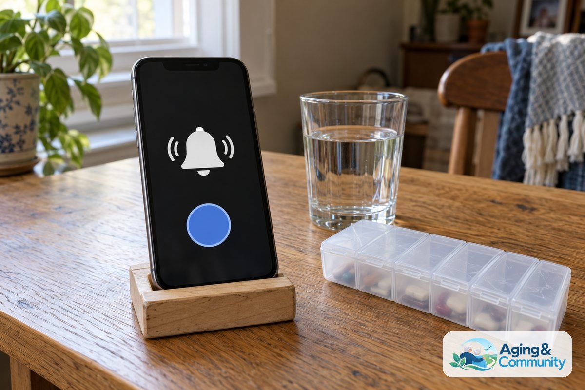 A smartphone in a wooden stand sits beside a closed translucent pill organizer and a glass of water on an oak tabletop.