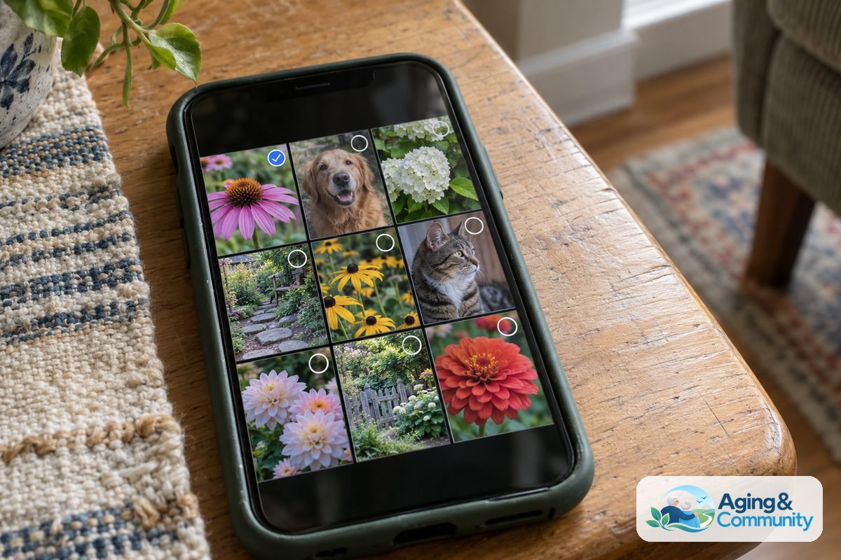 A smartphone on a wooden table displays a grid of photo thumbnails with one thumbnail selected and the others unchecked.