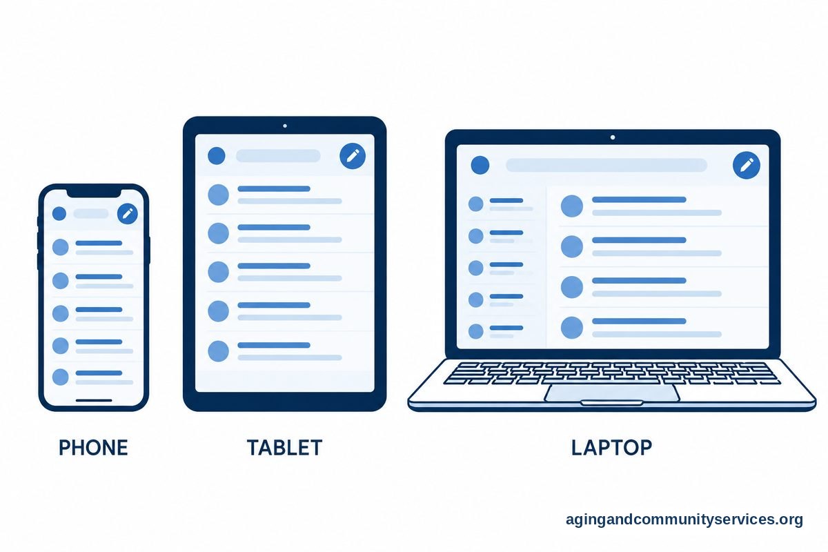 A smartphone, tablet, and laptop appear beside one another with simplified email inboxes on their differently sized screens.