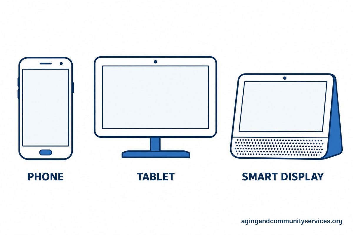 Monitor Elderly at Home With Video Calls Safely 2 Three panels show a smartphone, a tablet in a charging stand, and a smart display with a built in speaker base.