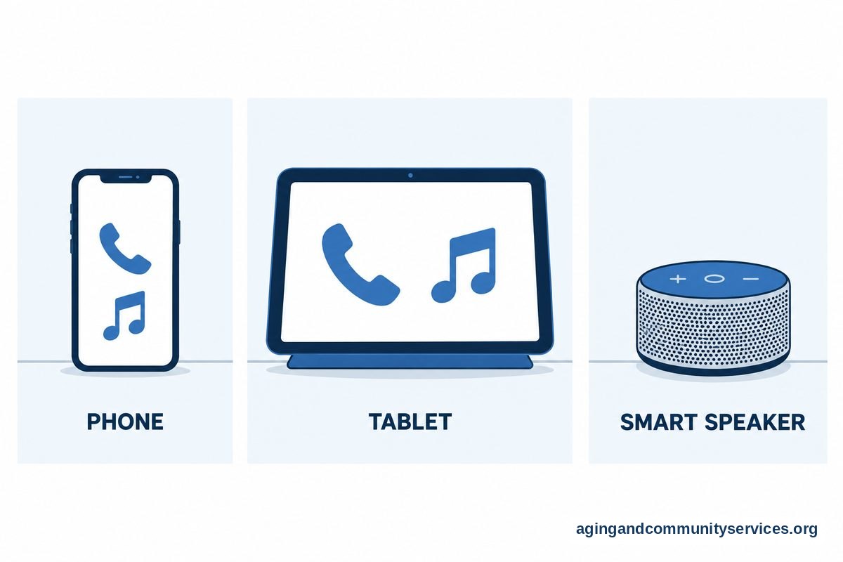 AI for Seniors With Memory Loss: A Practical Guide 4 A flat vector drawing shows a smartphone, a tablet on a stand, and a smart speaker in three adjacent panels.