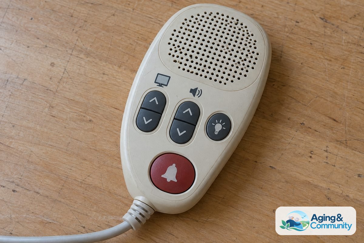 How to Use Hospital Bed Remote Controls Safely 4 A pillow speaker pendant on a wooden tabletop has a speaker grille, television controls, a lightbulb button, and a separate large call button.