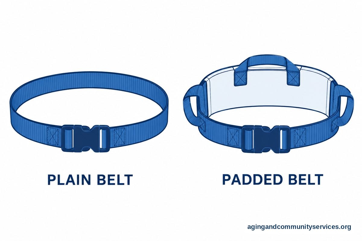How to Choose a Gait Belt: A Practical Caregiver Guide 5 Two belt drawings show a narrow plain strap beside a belt with a broad padded back panel and stitched loop handles.