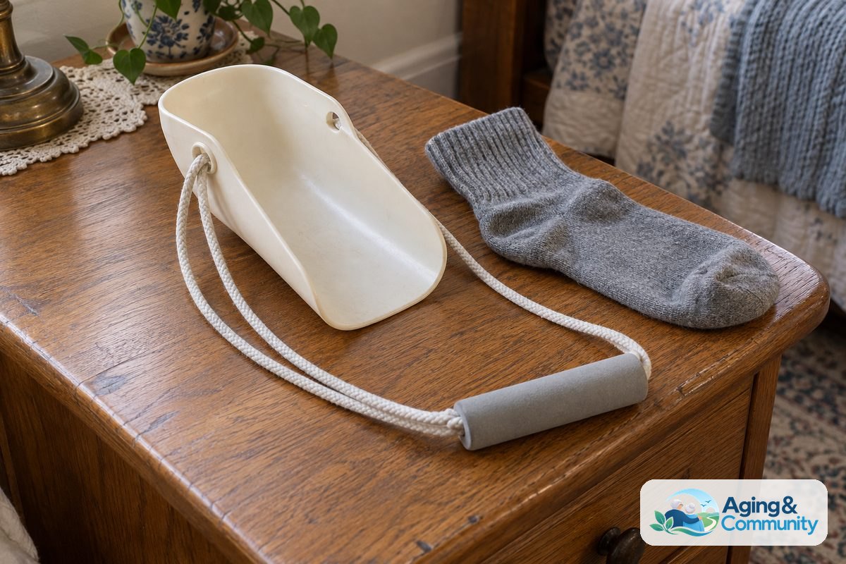 A curved plastic sock aid rests on an oak table with its two braided pull cords joined into one grip beside a gray cotton sock.