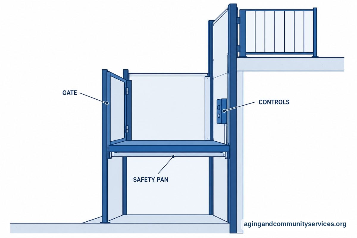 How to Use Wheelchair Lift Systems Safely at Home 4 A cutaway side view of a platform lift shows its closed gate, interior control panel, and safety pan beneath the deck.