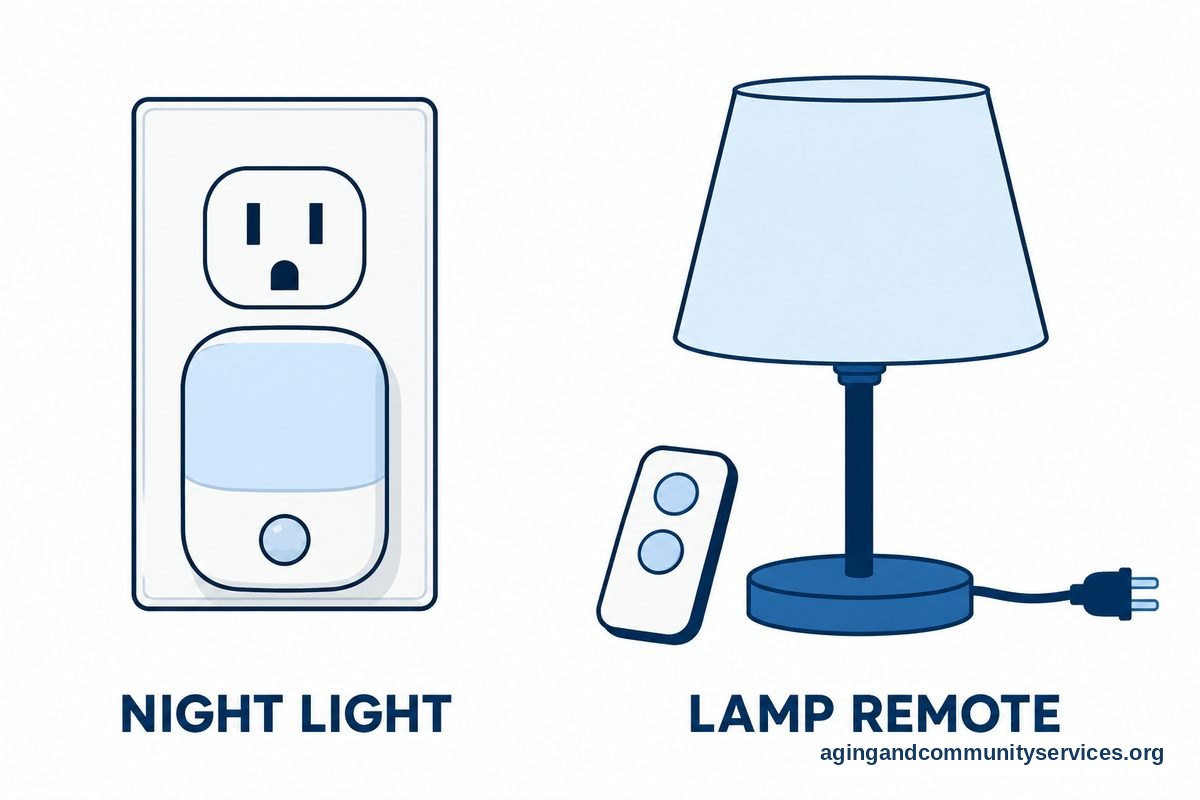 Smart Home Alternatives for Safer, Easier Living 4 A plug in night light appears beside a table lamp paired with a small remote control with two large buttons.