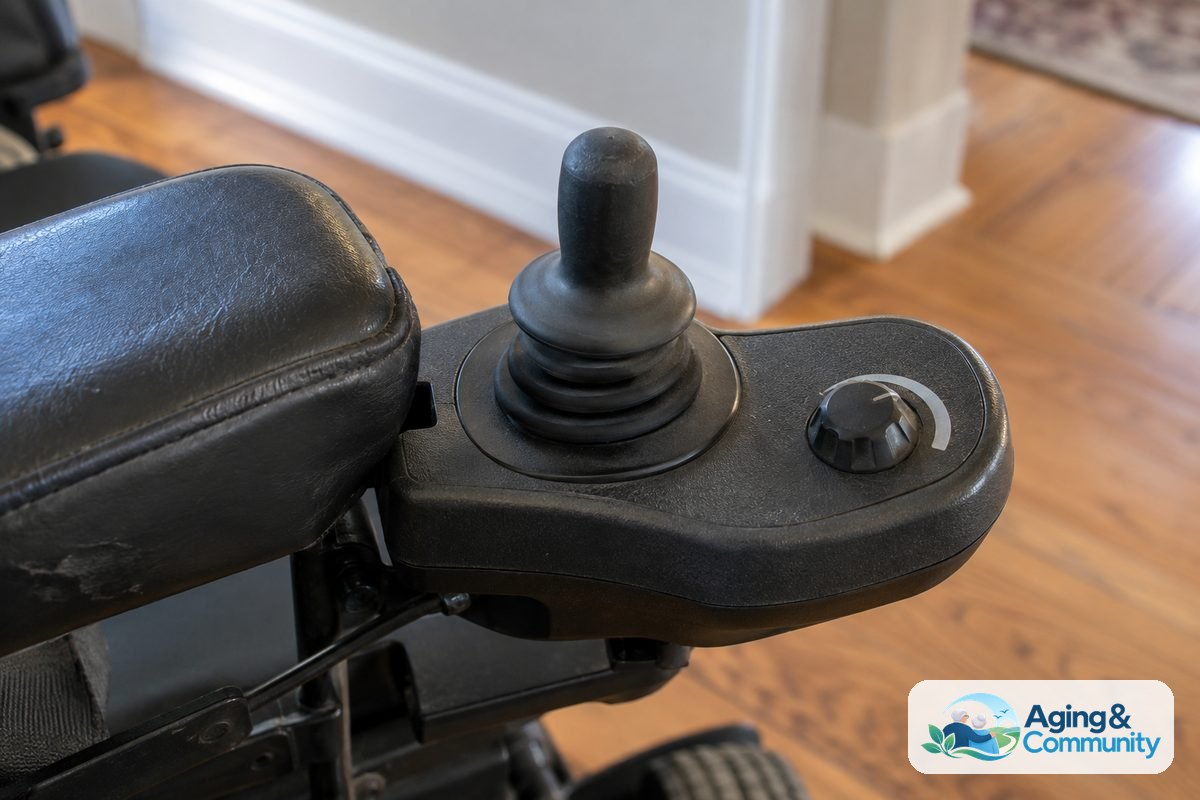A close view of a power wheelchair armrest shows a centered joystick beside a speed dial with a short indicator arc.