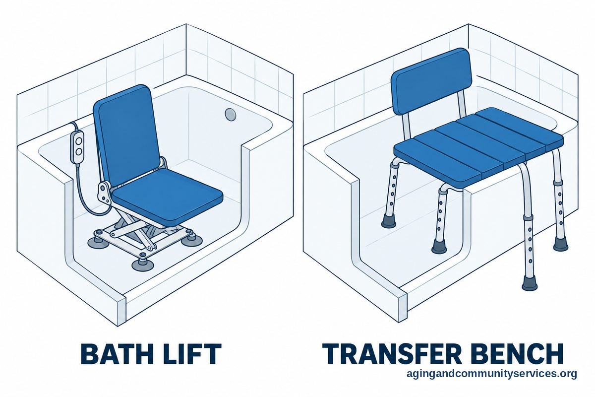 Two bathtub drawings show a powered bath lift inside one tub and a transfer bench extending across the edge of the other.