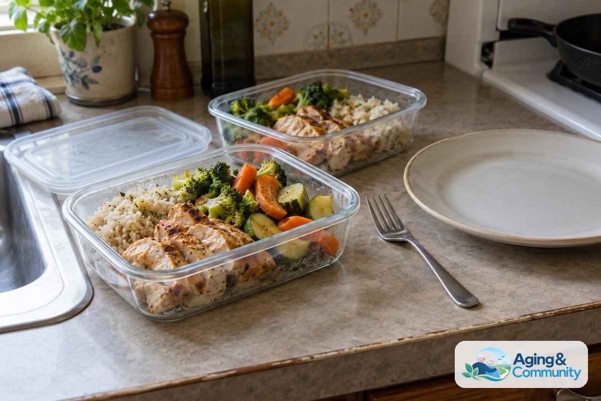 Two clear meal containers holding chicken, rice, and vegetables sit beside a plate and fork on a kitchen counter.