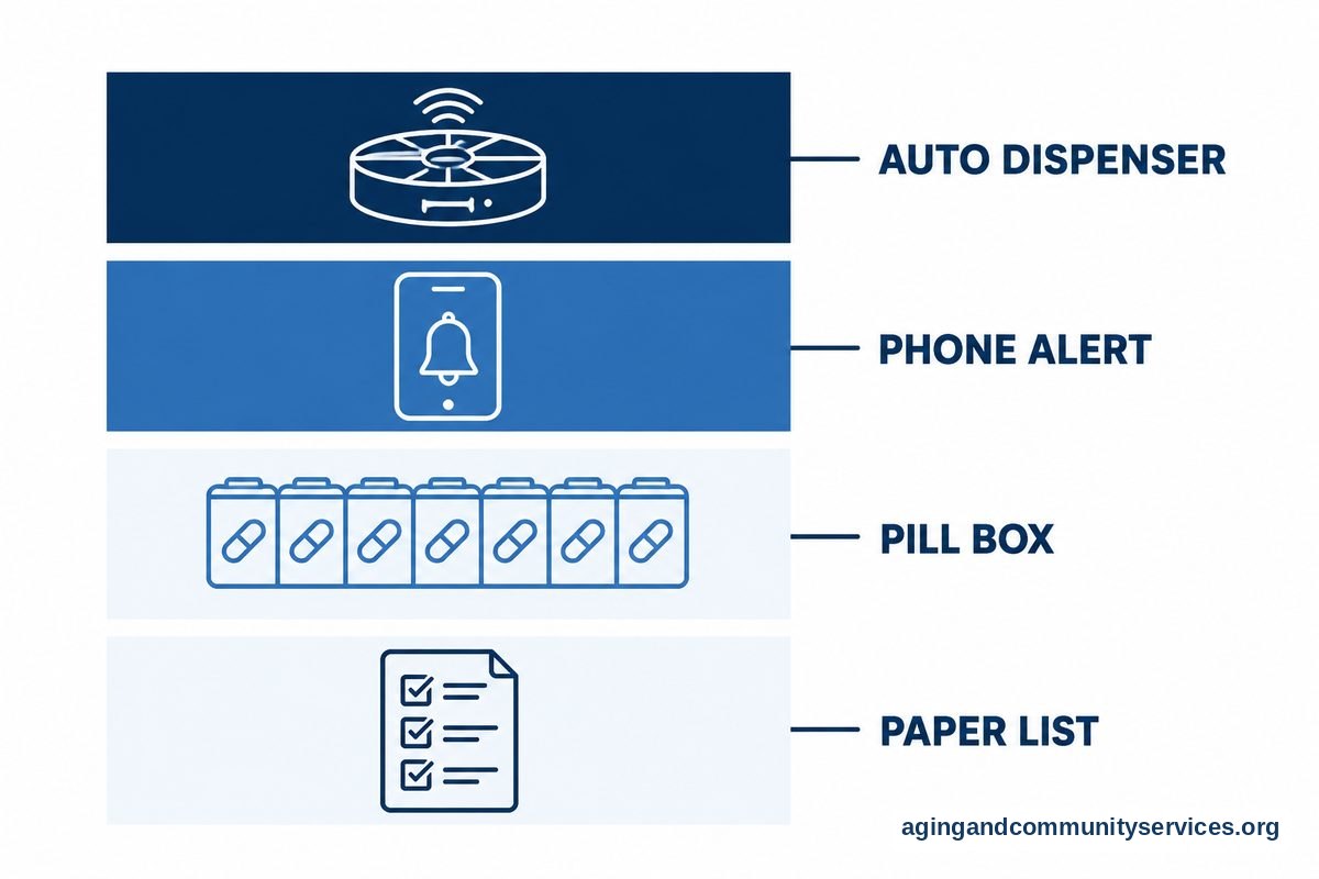 AI for Seniors to Manage Prescriptions Safely at Home 2 A flat vector stack showing four ascending horizontal levels of prescription tools ranging from a paper list to a connected dispenser.