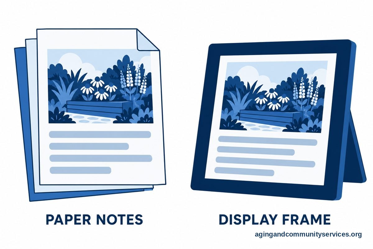 Email for Seniors with Dementia: A Helpful Setup Guide 4 A small stack of printed family notes appears beside a freestanding digital frame, with both displaying a simple garden picture and message lines.