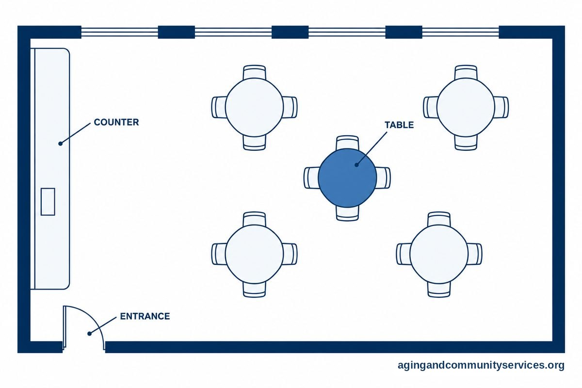 A cafe floor plan shows an entrance, a service counter, and a highlighted table among several other seating areas.