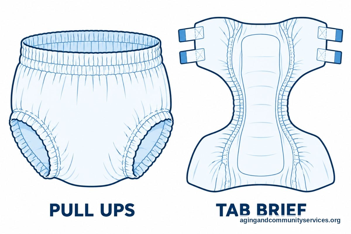A vector diagram shows absorbent pull up underwear with a continuous waistband beside an open brief with fastening tabs.