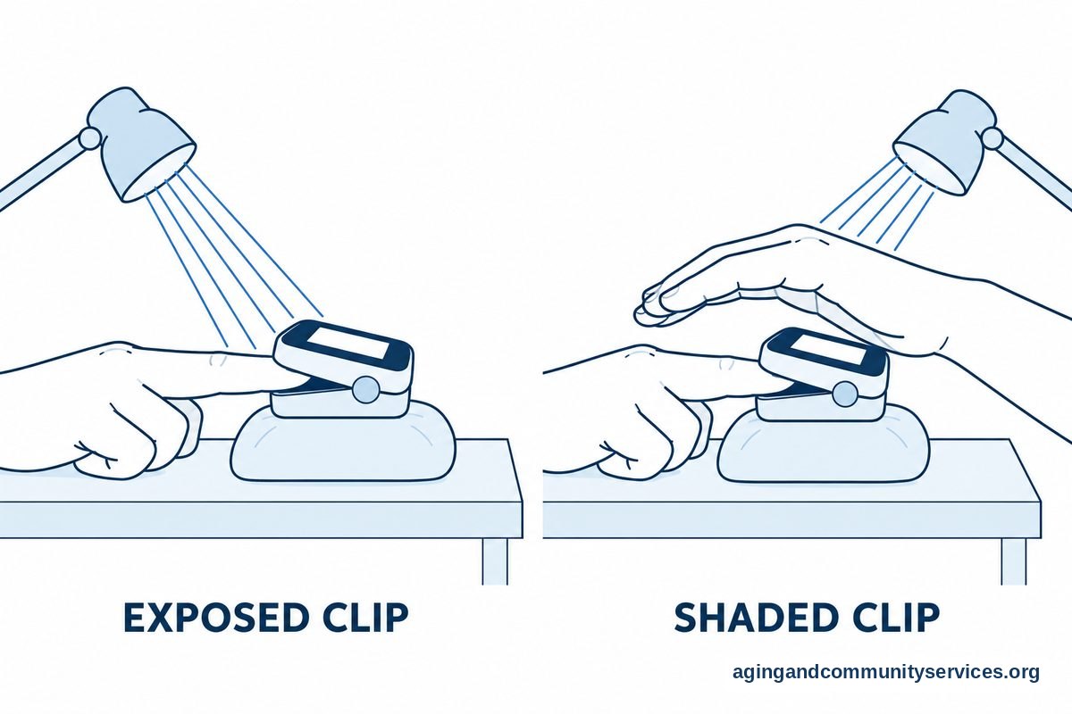 Two drawings show the same finger clip under a desk lamp, first exposed and then shaded by a cupped hand.