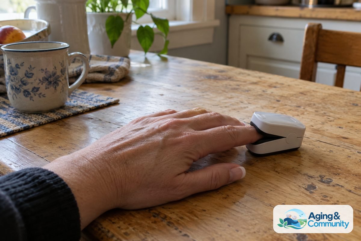 A hand entering from the edge rests on a wooden table with a fingertip pulse oximeter fitted over a short bare nail.