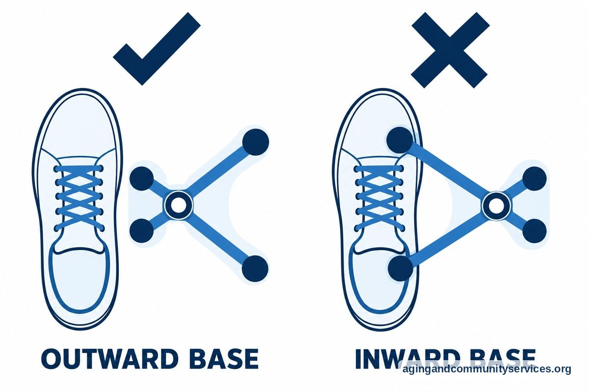 Two overhead drawings compare a quad cane base extending away from a shoe with the same base turned inward toward the shoe.