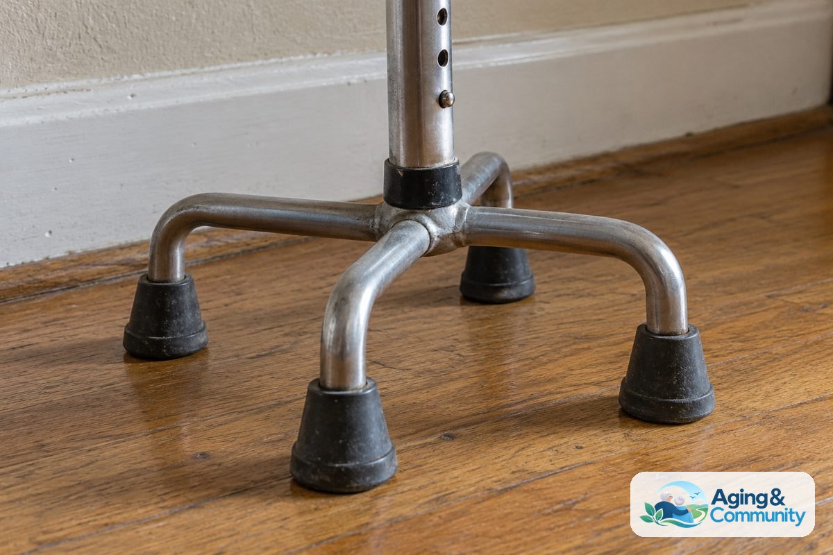A close view shows a quad cane's metal base with all four rubber feet resting on a level wood floor.