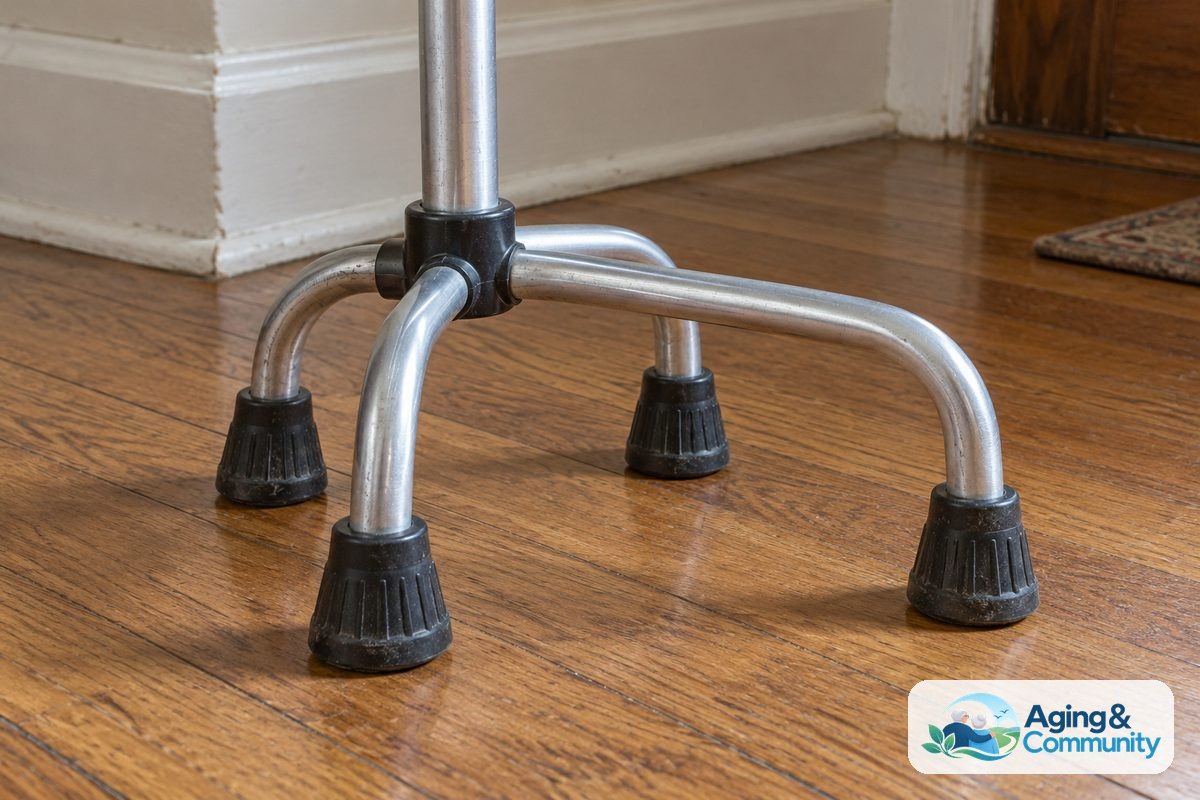 A metal quad cane base rests with all four rubber tips touching a hardwood floor.