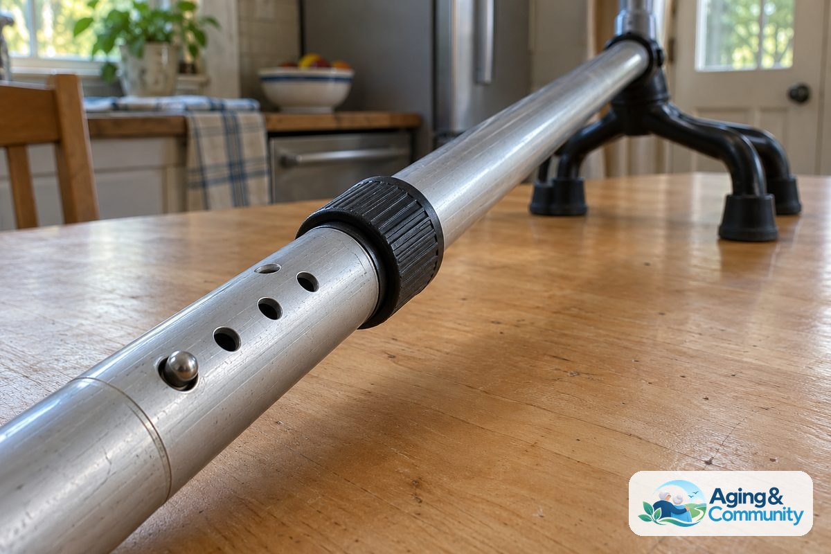 A close view of a quad cane shaft shows a metal adjustment button seated in a hole beneath a black locking collar.