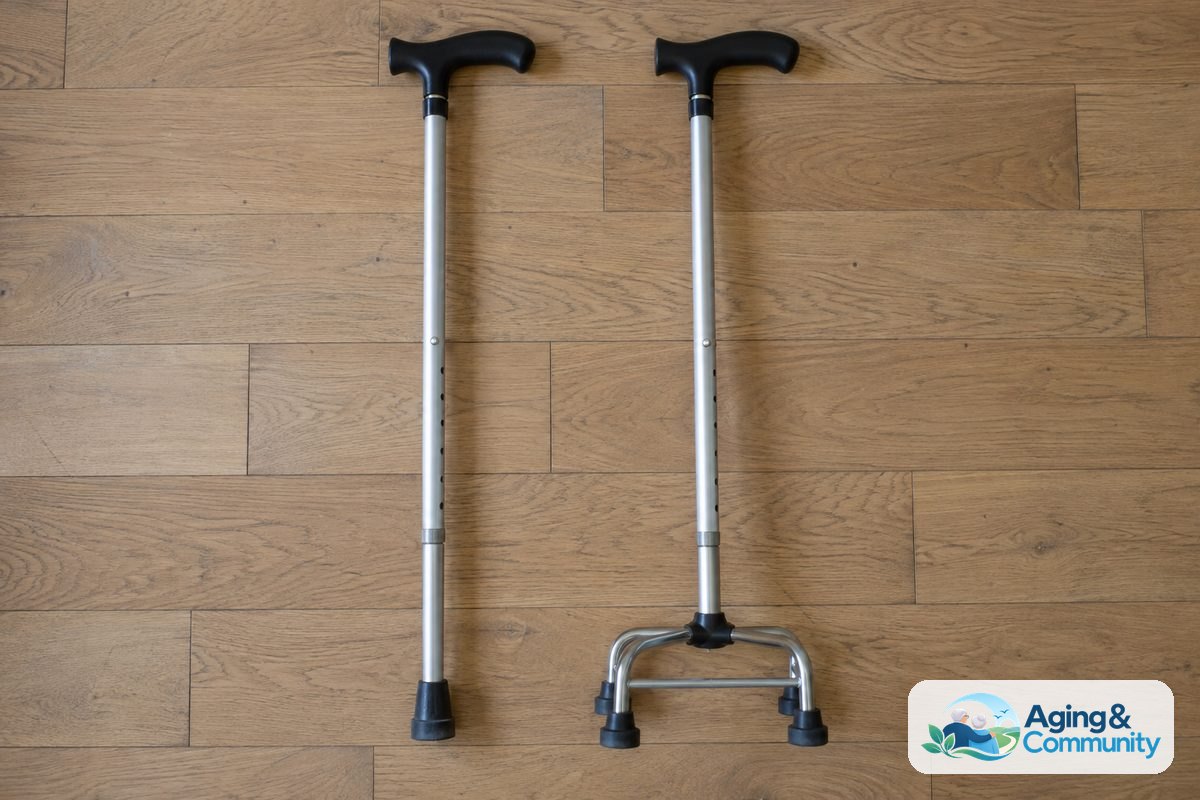 A straight cane and a quad cane lie beside each other on a light oak floor, showing their matching handle heights and different bases.