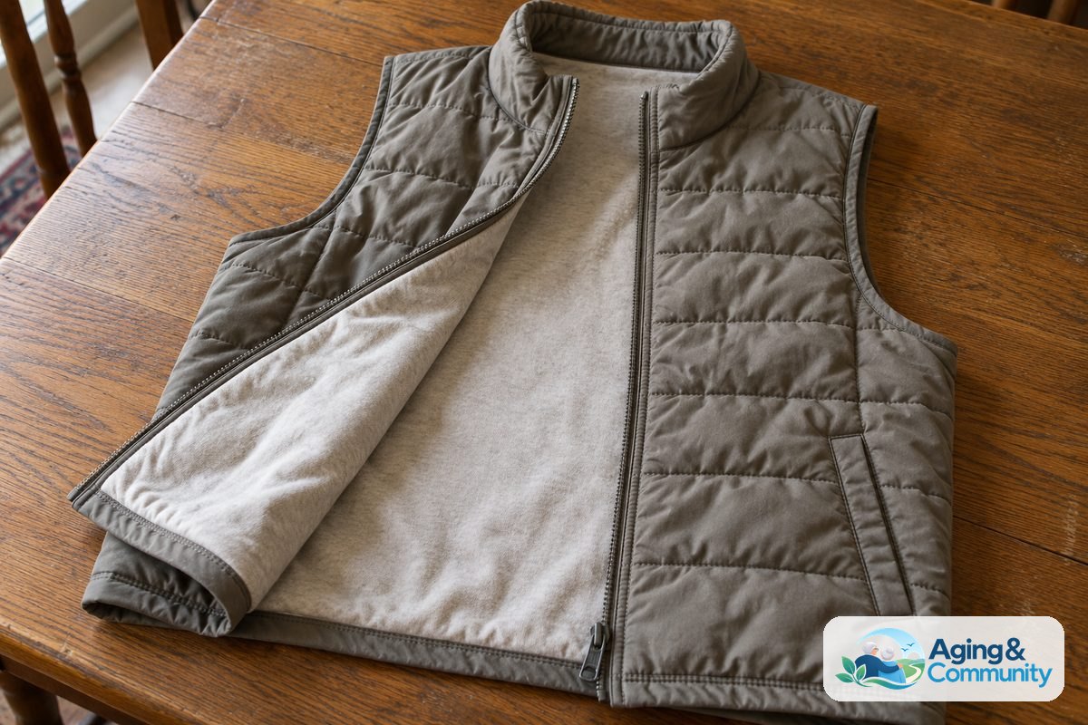 Elderly Fall Vest Guide for Everyday Safety 2 A quilted vest lies open on a wooden table, exposing its soft lining, stitched padding sections, and front zipper.