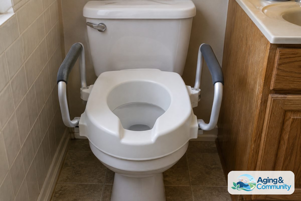 A raised toilet seat with padded armrests sits between a tiled wall and an oak vanity, with visible open space beside both handles.