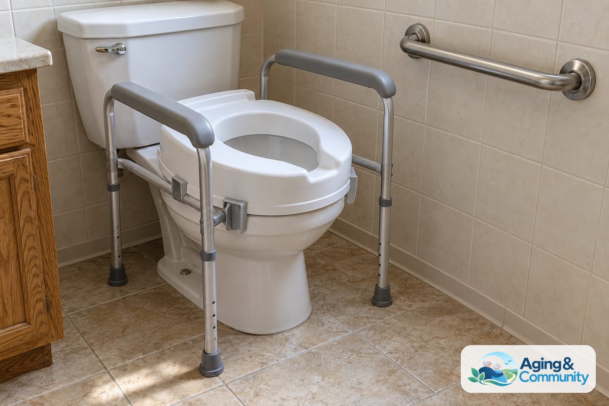 How to Use a Toilet Safety Frame Safely at Home 4 A raised toilet seat sits between padded safety rails beside a horizontal stainless steel wall grab bar.