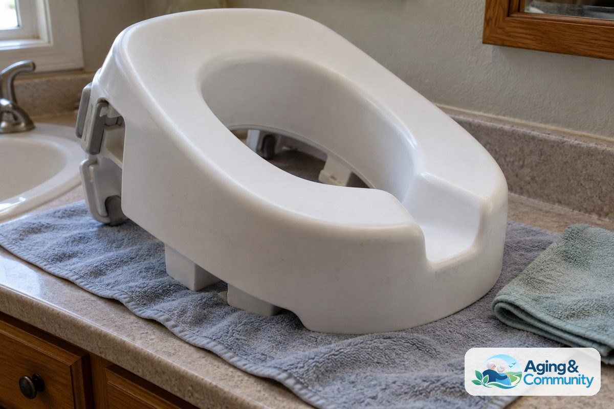 A detached white raised toilet seat rests on a folded towel beside a microfiber cloth, showing its smooth opening, front cutout, and underside.