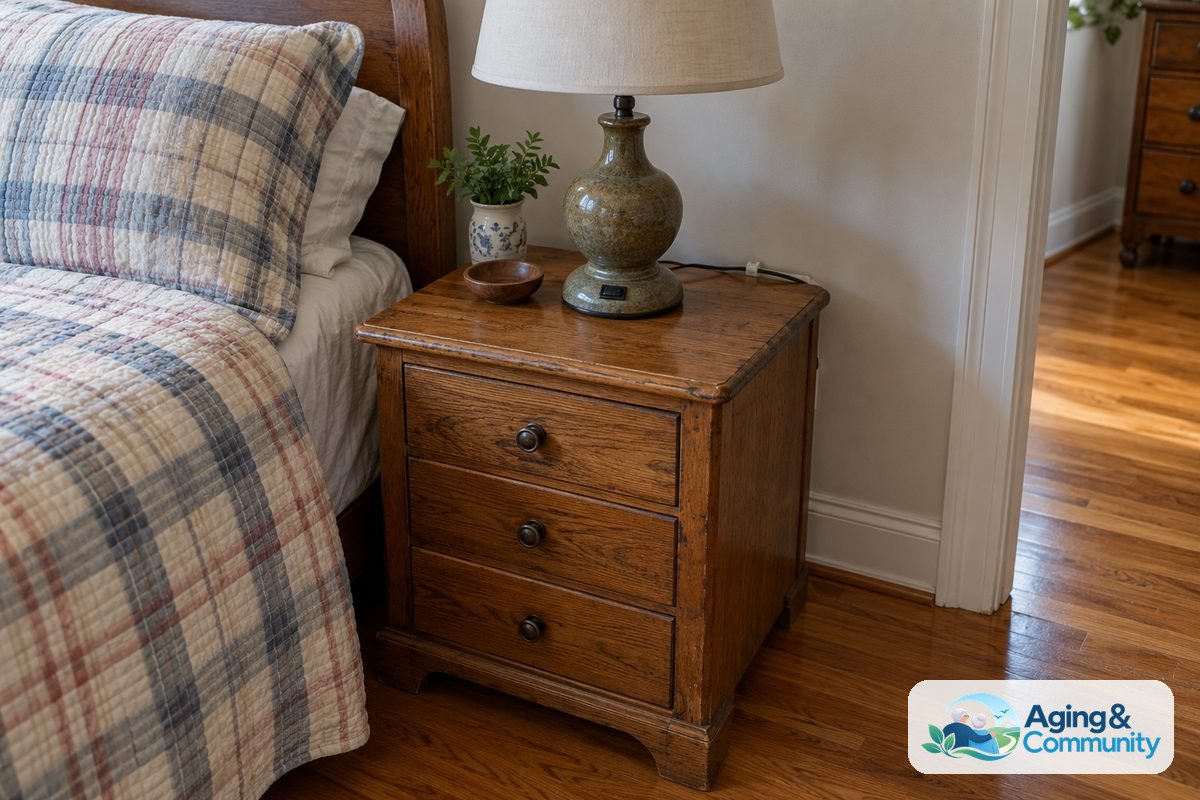 Elderly Fall Statistics Families Should Know 5 A bedside lamp with a large rocker switch sits near the edge of a wooden nightstand beside a bed and an unobstructed floor.