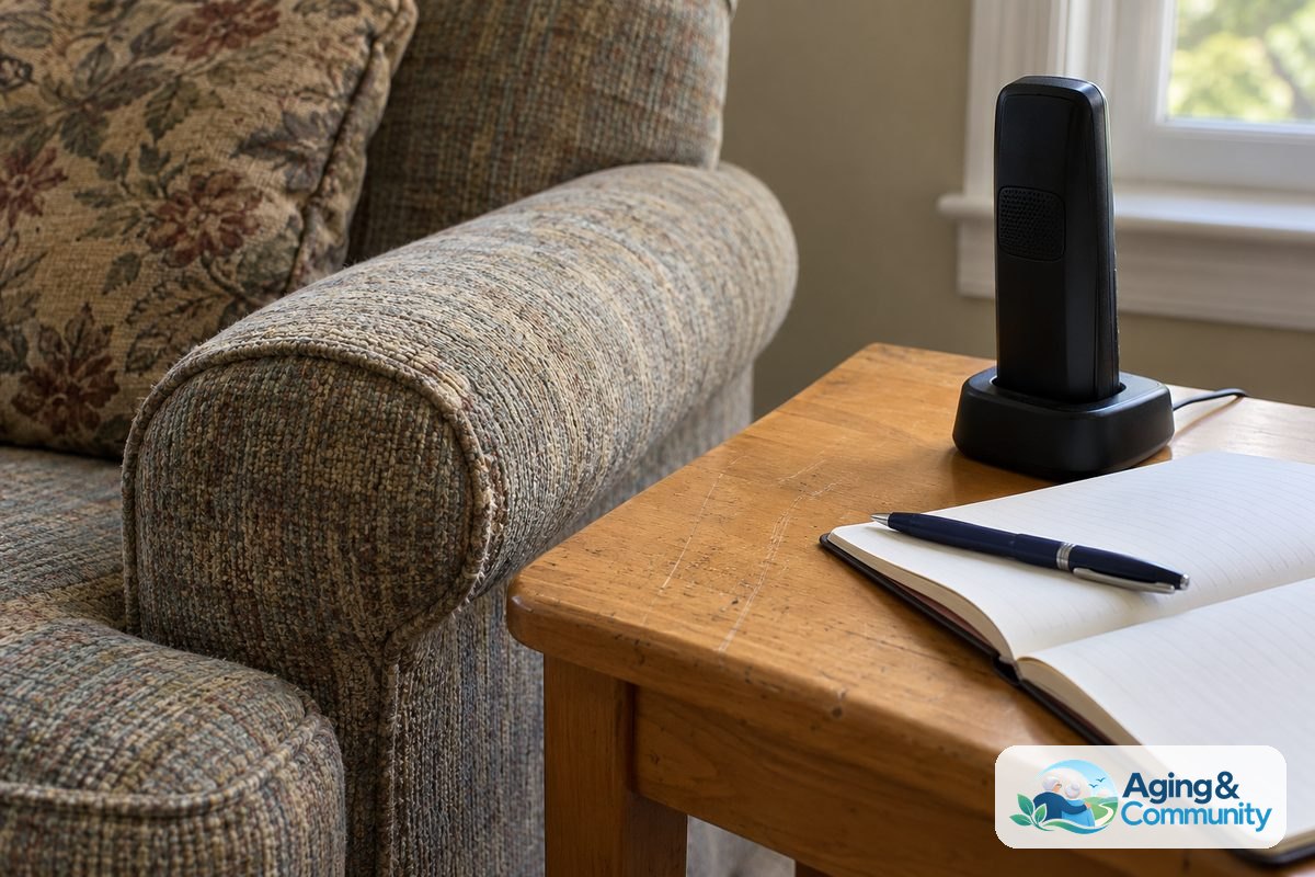 A cordless telephone rests beside an open notebook and pen on a small table immediately next to an empty armchair.