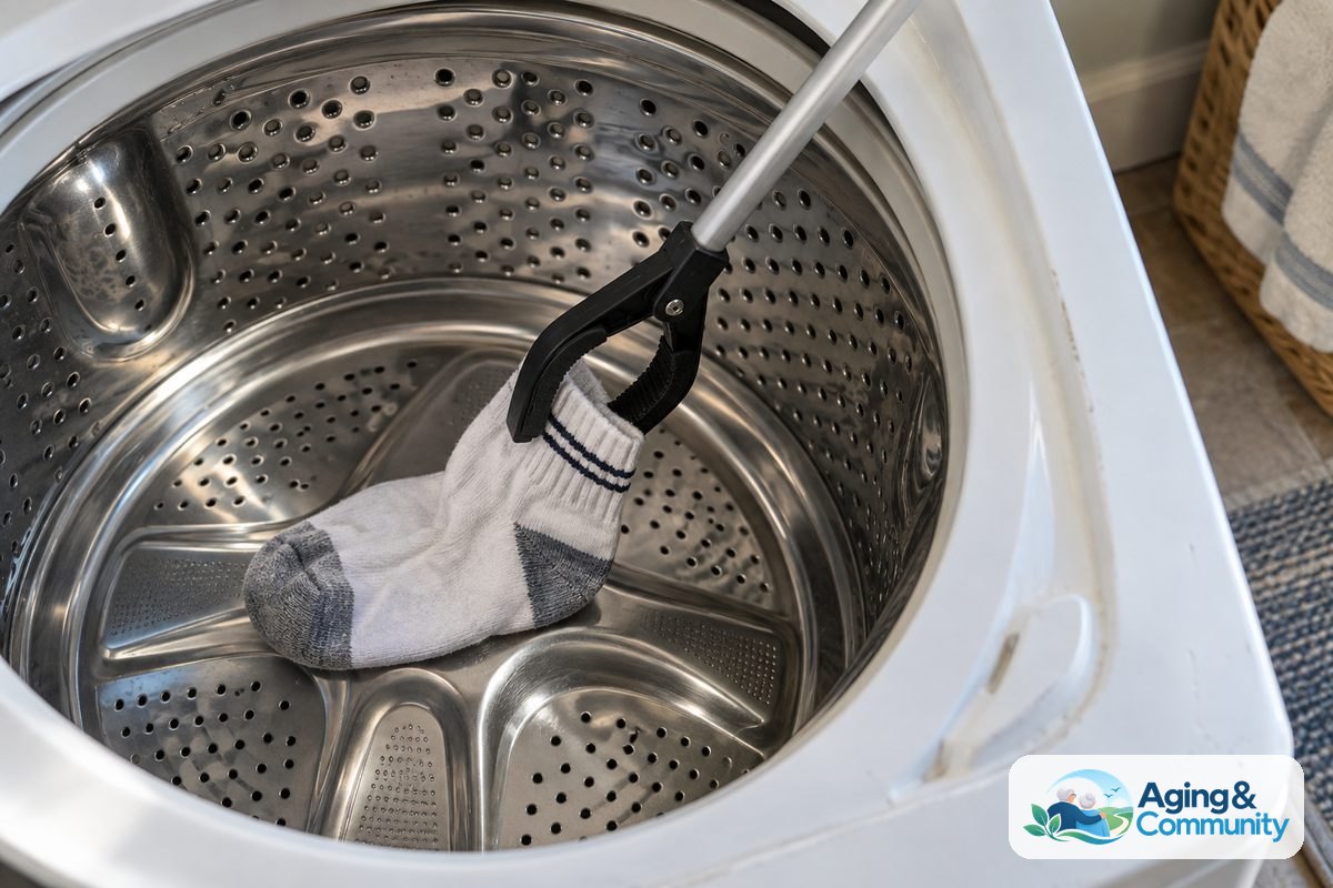 How to Use a Reacher Grabber Safely at Home 3 Rubber reacher jaws grip a cotton sock inside the stainless steel drum of an open washing machine.