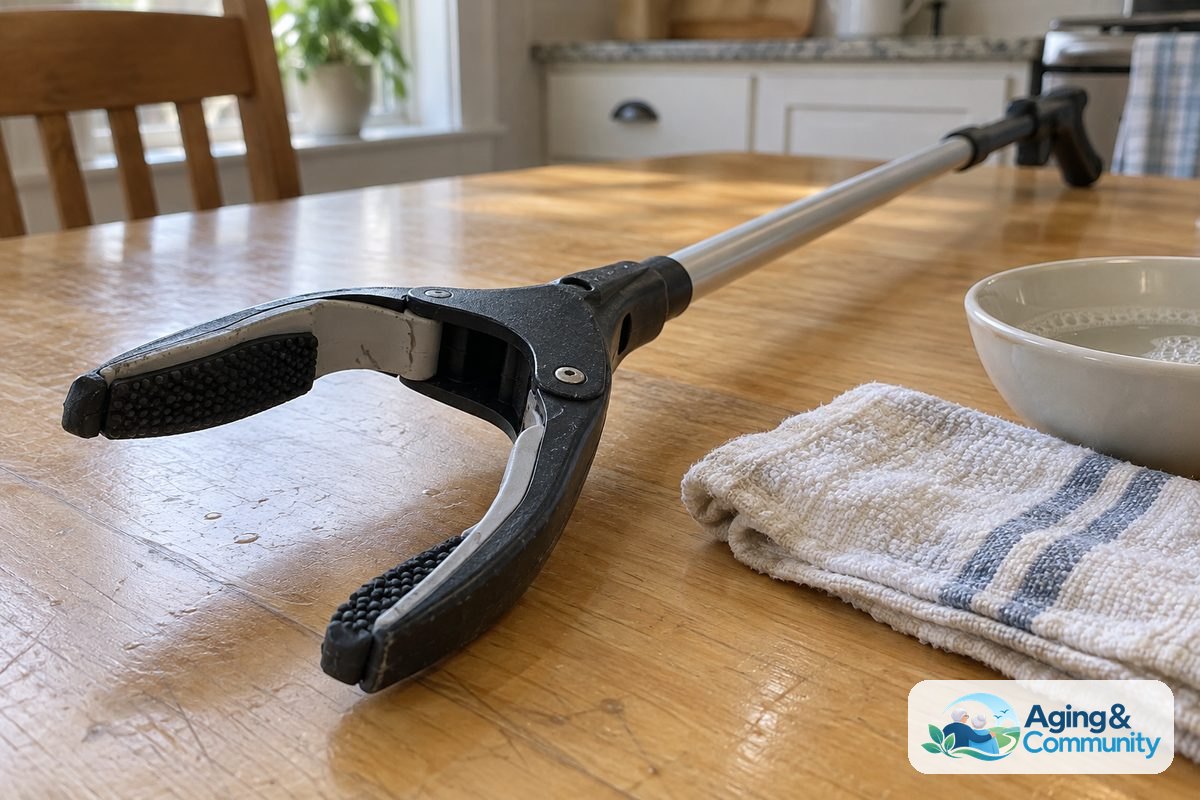 How to Use a Reacher Grabber Safely at Home 5 A reacher's open rubber jaws rest on a wooden table beside a damp cloth and a small bowl of lightly soapy water.