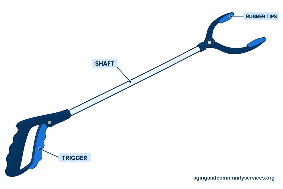 How to Use a Reacher Grabber Safely at Home 2 A large reacher drawing has three short callouts pointing to its squeeze trigger, straight shaft, and rubber jaw tips.