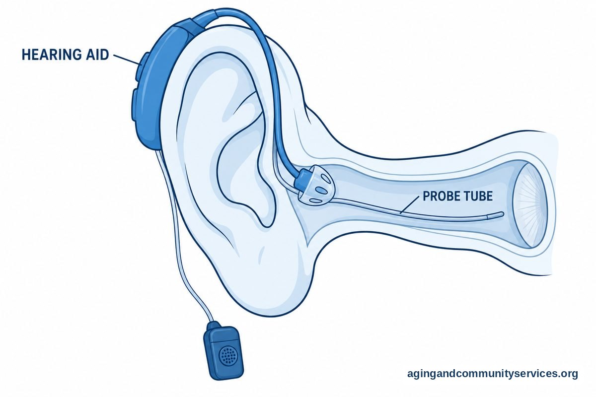 A cutaway drawing of an ear shows a hearing aid behind the outer ear and a thin probe tube extending into the ear canal.