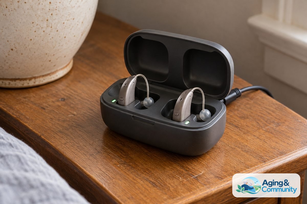 Two hearing aids sit in the molded wells of an open charging case with small illuminated indicator lights and a connected power cable.