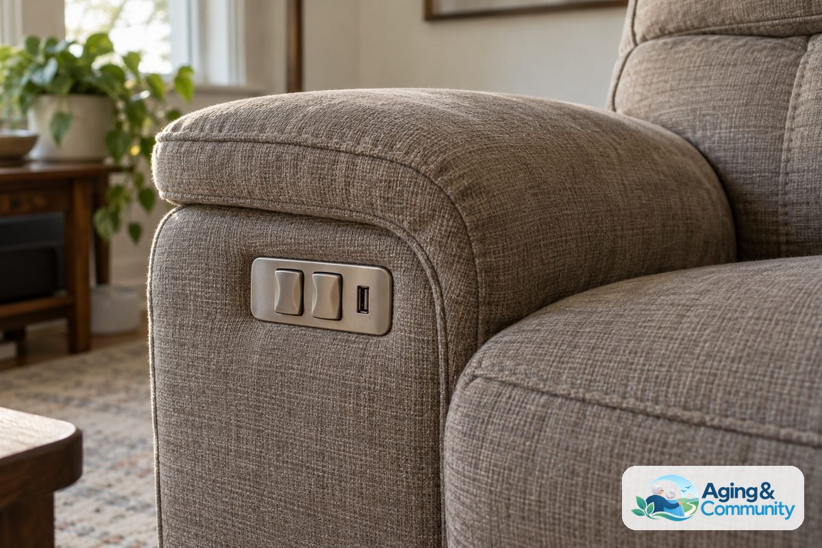 How to Choose Recliner Sofa Options for Your Home 5 A close view of a reclining sofa arm shows two large rocker switches and a USB port in a recessed panel near the top edge.